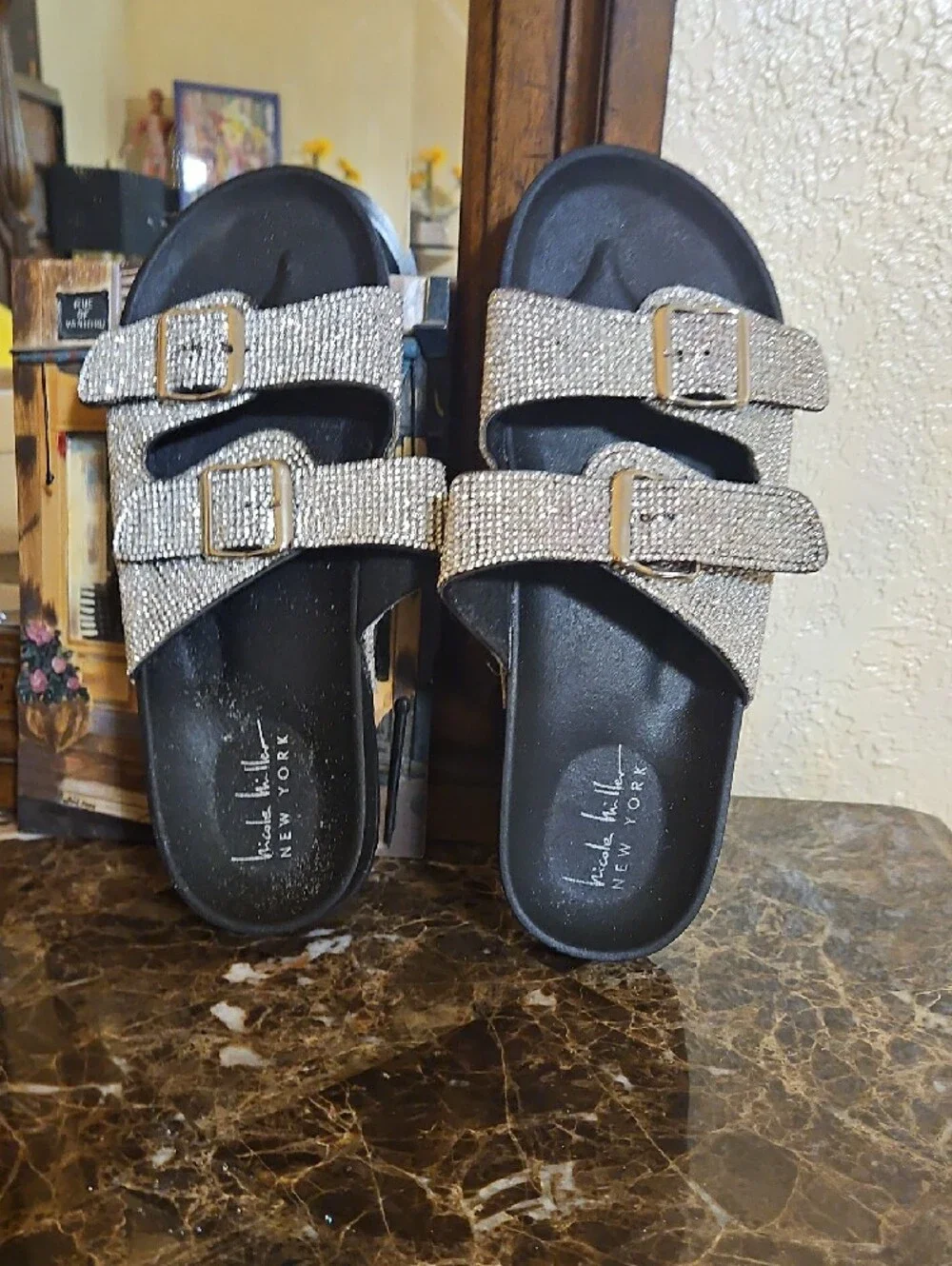 Michael Kors Crystal-Embellished Double-Buckle Slide Sandals - Black Silver